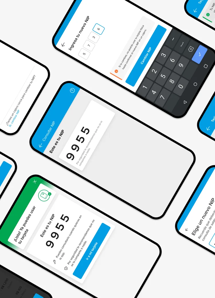 Phone screens from the PIN flow laid out at an angle: the pre-assigned PIN shown to memorise, and the keypad for choosing a new one.