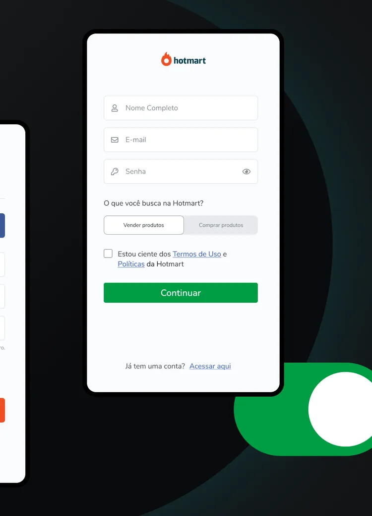 The streamlined Hotmart signup screen, asking whether the person wants to sell or buy products.